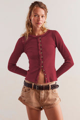 Solid Color Ribbed Cardigan S / Red