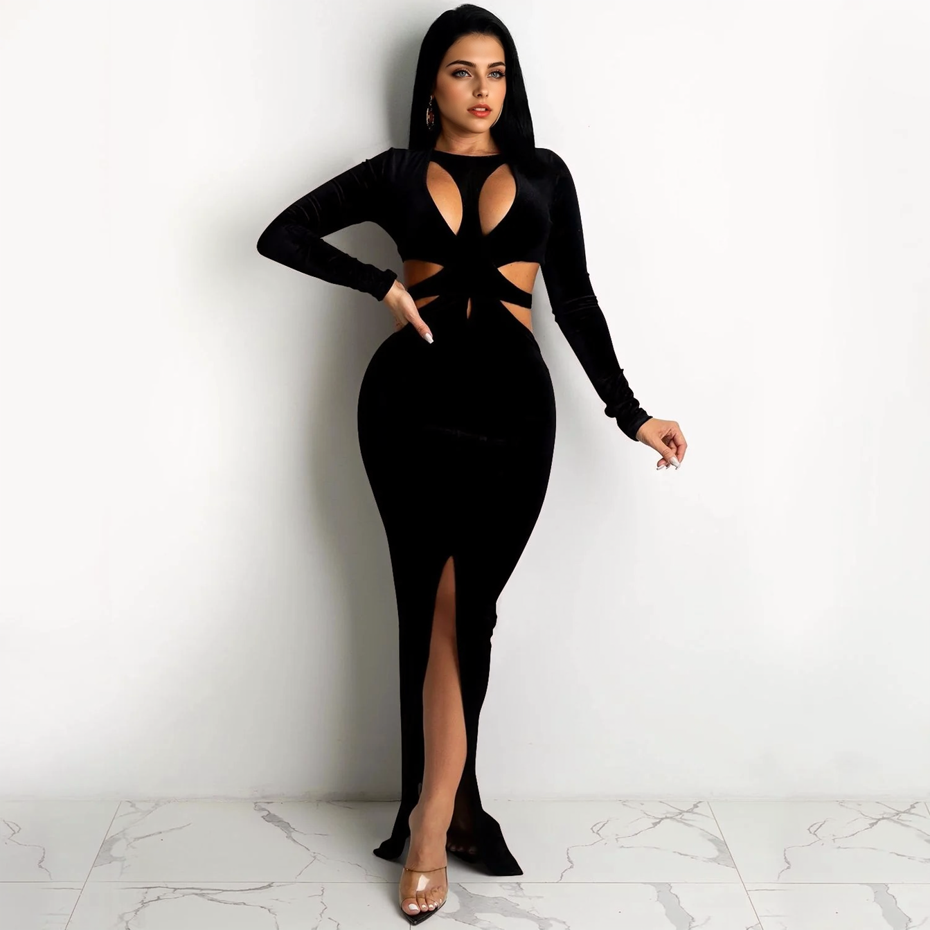 Julia Fashion - Sexy O Neck Cut Out Long Sleeve Split Maxi Dress