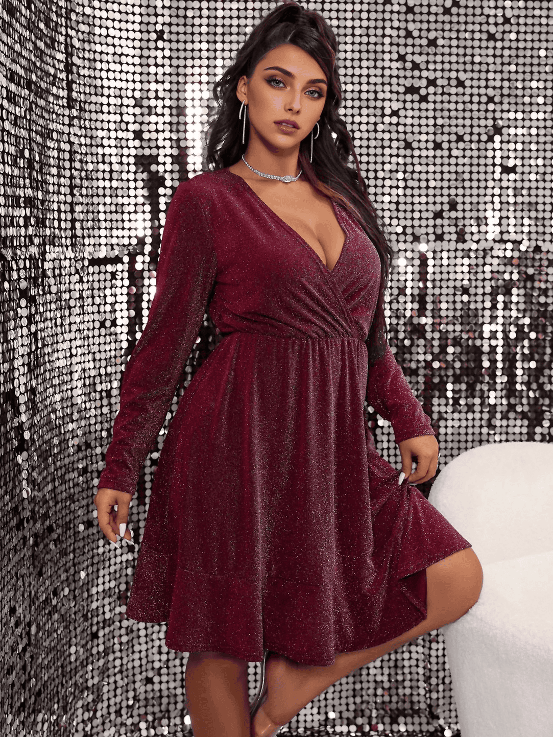 JuliaFashion - Sexy Curve V-Neck Long Sleeve Evening Party Dress