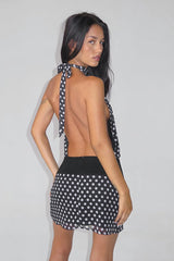 Polka Dot Halter Backless Chiffon Bodycon Mini Dress