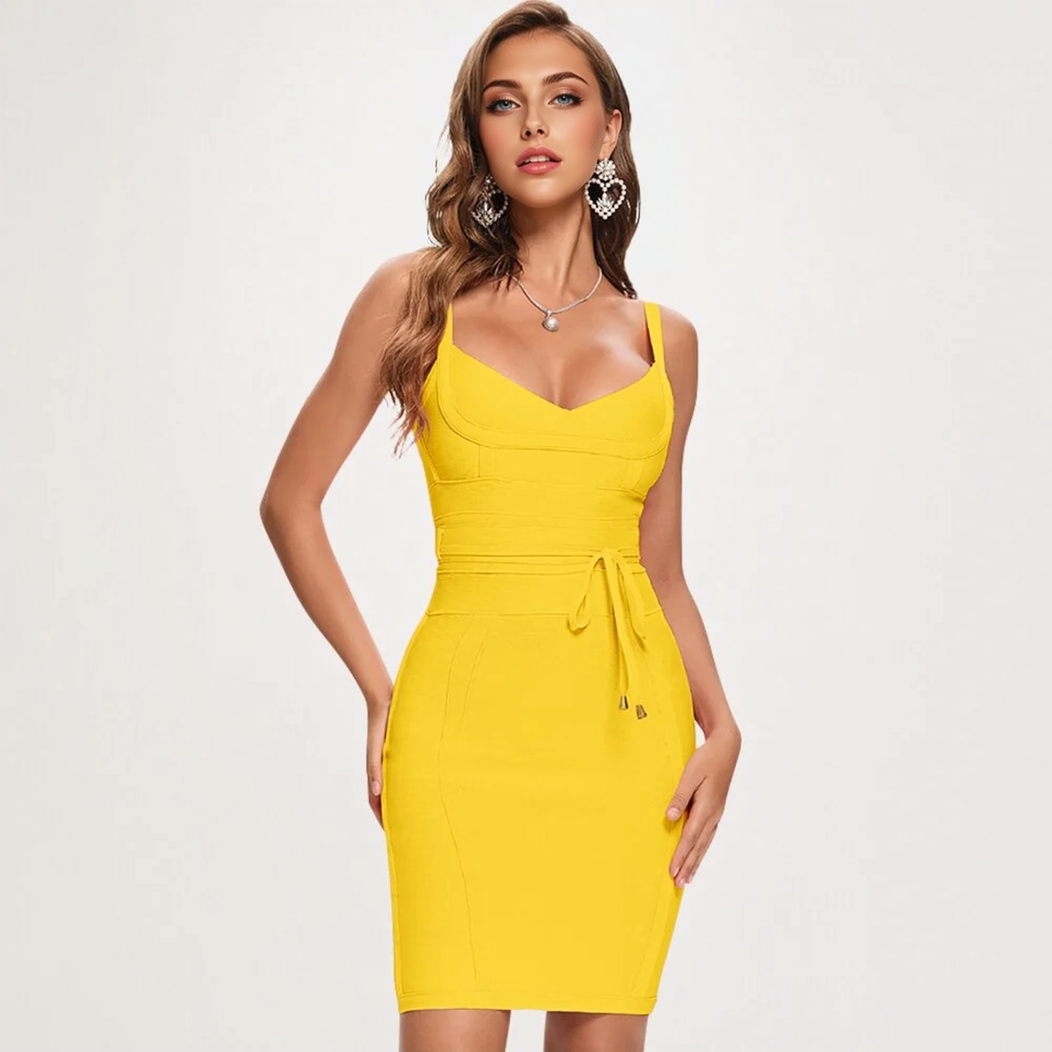 JuliaFashion - Spaghetti Strap Belt Sashes V-Neck Bodycon Dresses
