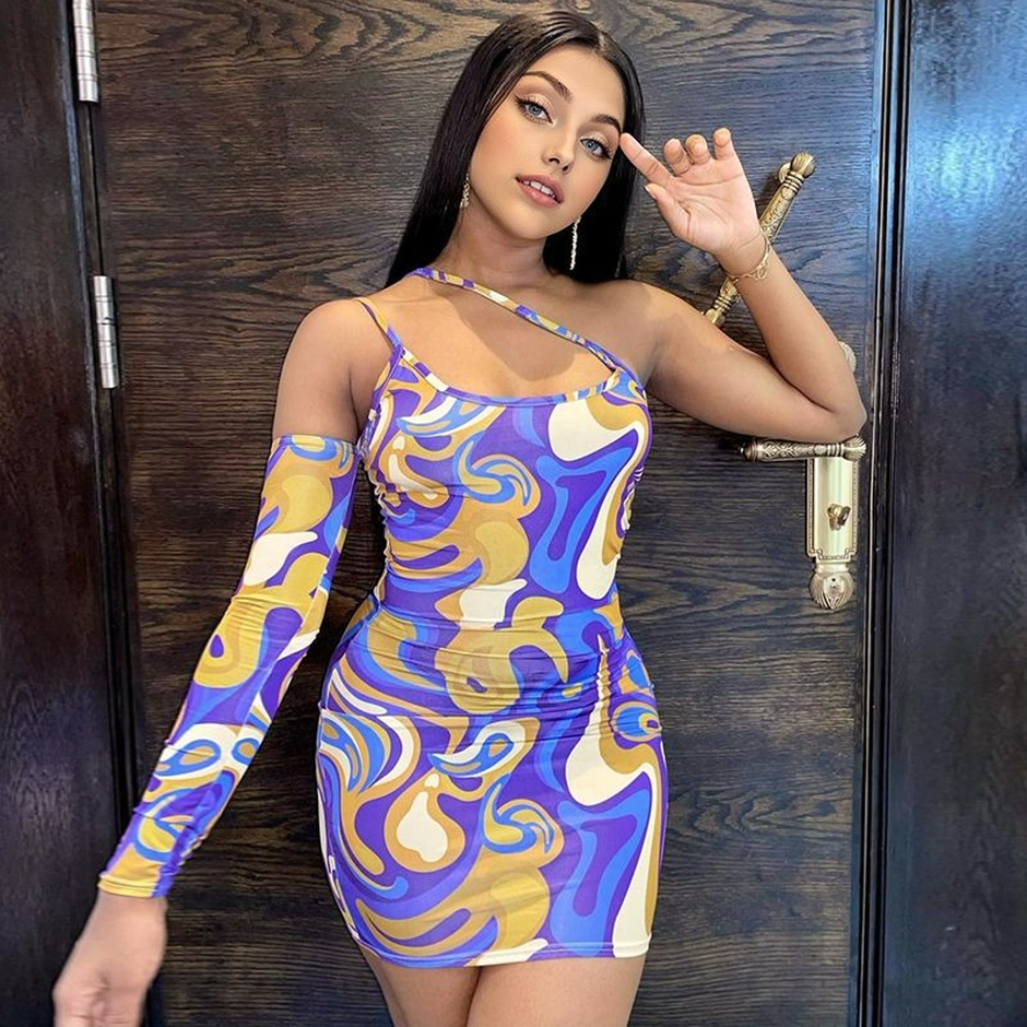 Julia Fashion - Sexy Slant Shoulder Backless Print Bodycon Mini Dress