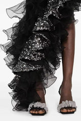 Black Ruffled Mesh Asymmetrical Party Dress