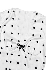 Polka Dot V-Neck Puff Sleeve Waist Tie Bodycon Maxi Dress