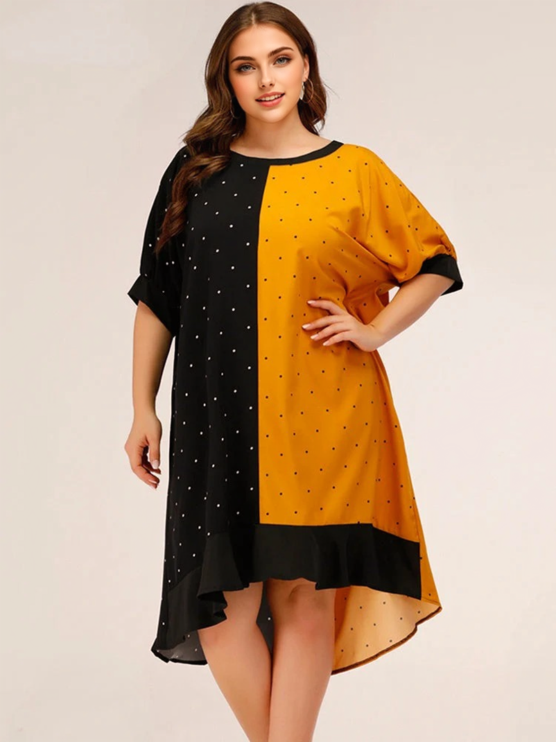 JuliaFashion-Contrast Color Round Neck Dot Ruffle Hem Dresses