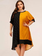 JuliaFashion-Contrast Color Round Neck Dot Ruffle Hem Dresses