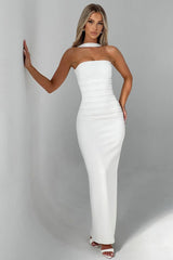 Sheer Sleeve Bustier Gown Formal Dress S / White