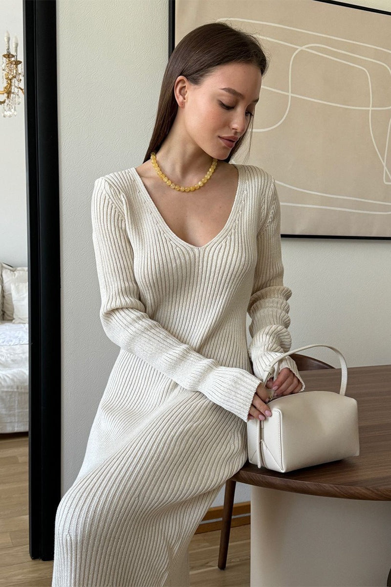 V-Neck Long Sleeve Knit Sweater Dress S / White