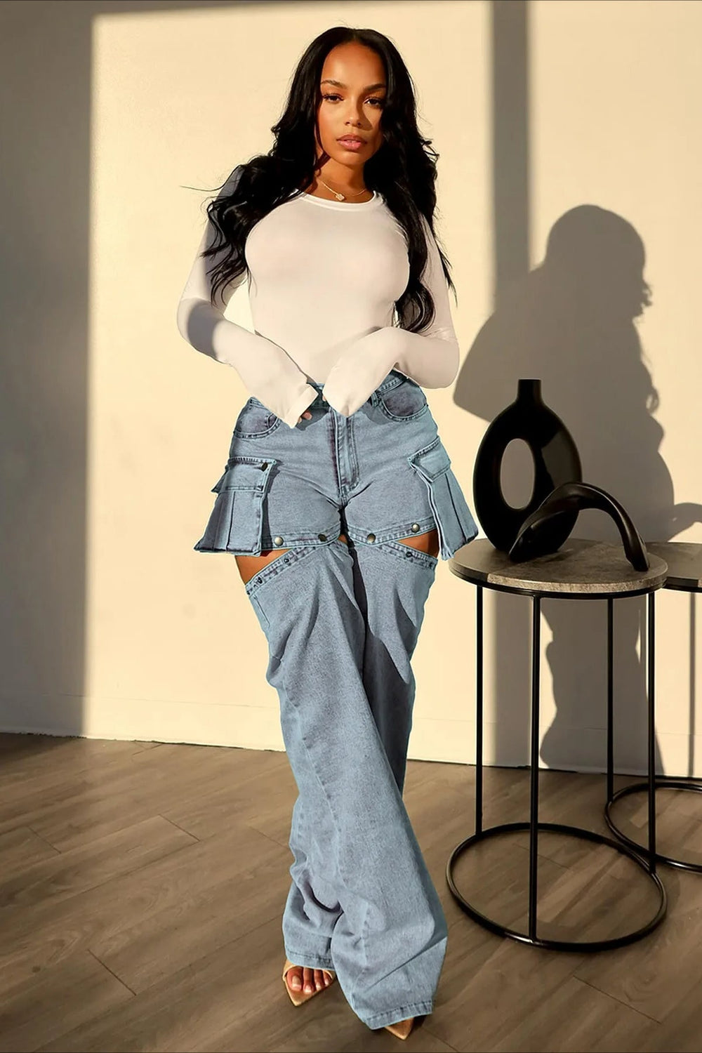 Detachable High Waist Wide Leg Jeans Light Blue / S