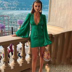 JuliaFashion - Sexy Lantern Sleeve Green Mini Dress