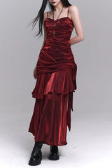 Asymmetrical Burgundy Ruffled Cami Party Dress