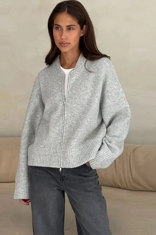 Pleated Knit O Neck Zipper Cardigan Grey / S
