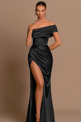 Silk Satin Off Shoulder Slit Formal Dress XS / Black