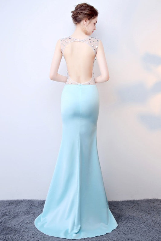 Sheer Blue Deep V Neck Maxi Party Dress