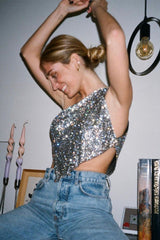 Metallic Mesh Rhinestone Off Shoulder Tank Top