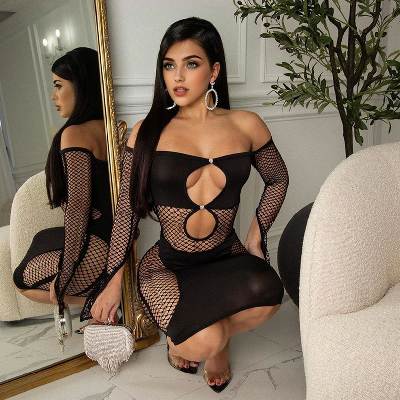 Julia Fashion - Sexy Mesh Patchwork See Through Bodycon Mini Dress
