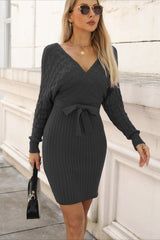 V-Neck Batwing Sleeve Sweater Dress S / Black