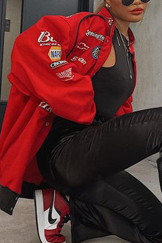 Casual Red Print Zip Jacket