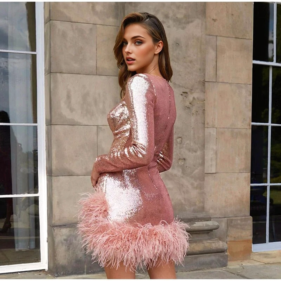 JuliaFashion - 2024 Sexy Sequined Feather Square Collar Bodycon Dress