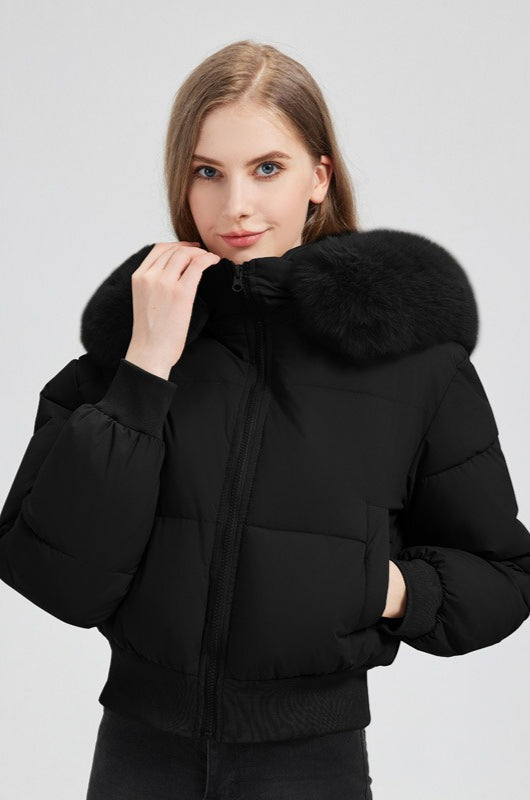 Plush Hooded Faux Fur Collar Puffer Jacket S / Black
