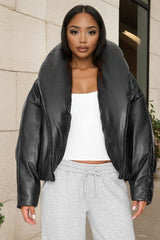 Faux Leather Stand Collar Cropped Puffer Jacket
