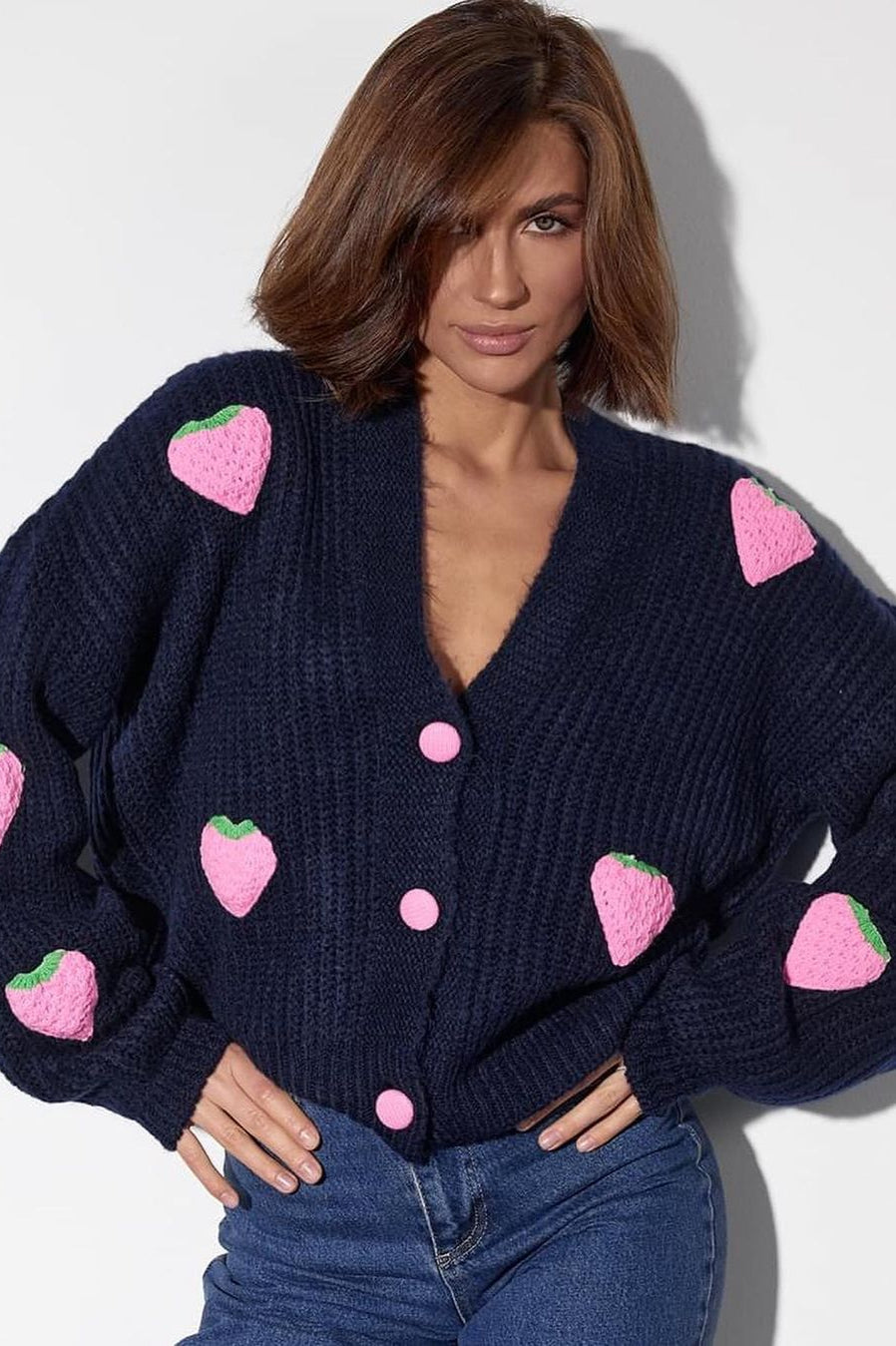 Strawberry Appliqué Chunky Knit Sweater