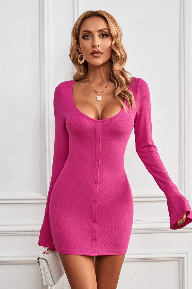 Buttoned U-Neck Bodycon Sweater Dress