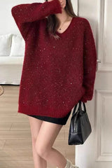 V Neck Sequin Oversized Sweater