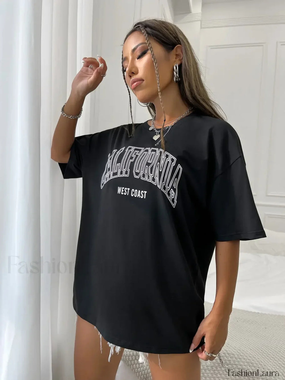 100% Cotton California USA Letter Print Oversized T Shirt