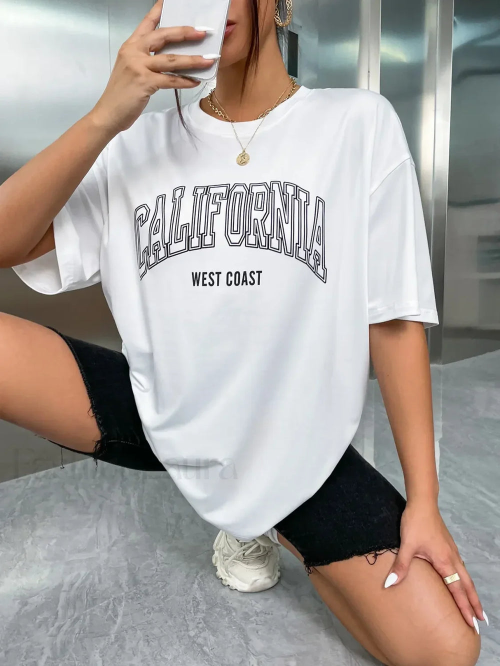 100% Cotton California USA Letter Print Oversized T Shirt White / S