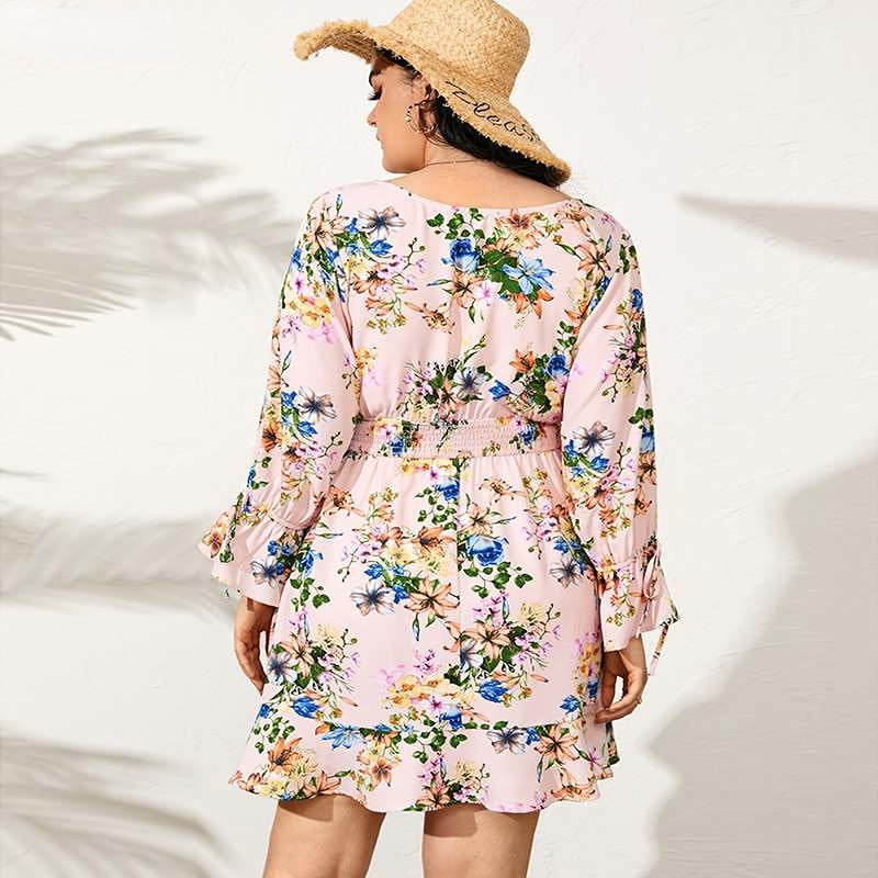 JuliaFashion-Long Sleeve V-Neck Sexy Floral Printed Mini Sundress