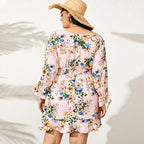 JuliaFashion-Long Sleeve V-Neck Sexy Floral Printed Mini Sundress