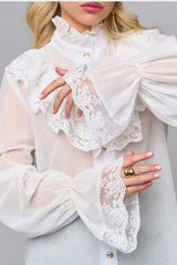 Lace Trim Stand Collar Chiffon Blouse