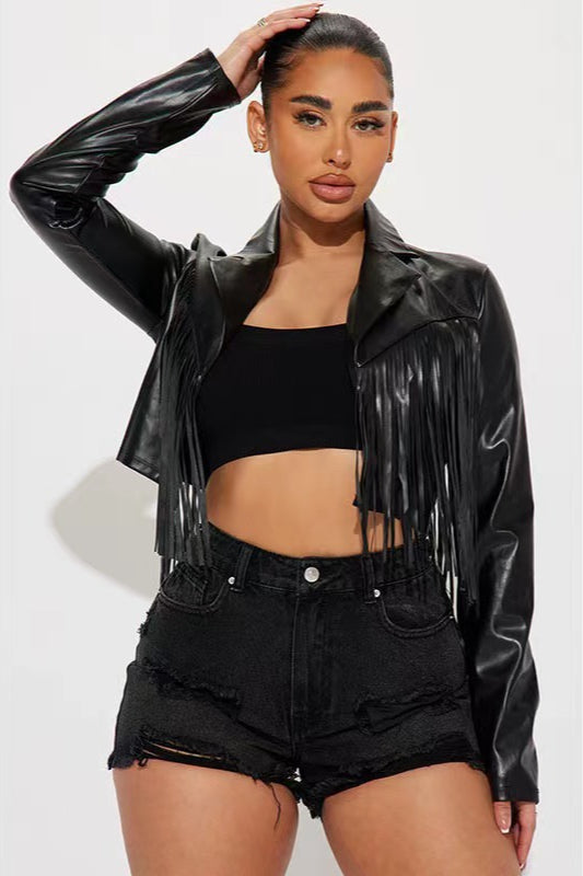 Fringe Trim Faux Leather Cropped Jacket Black / S
