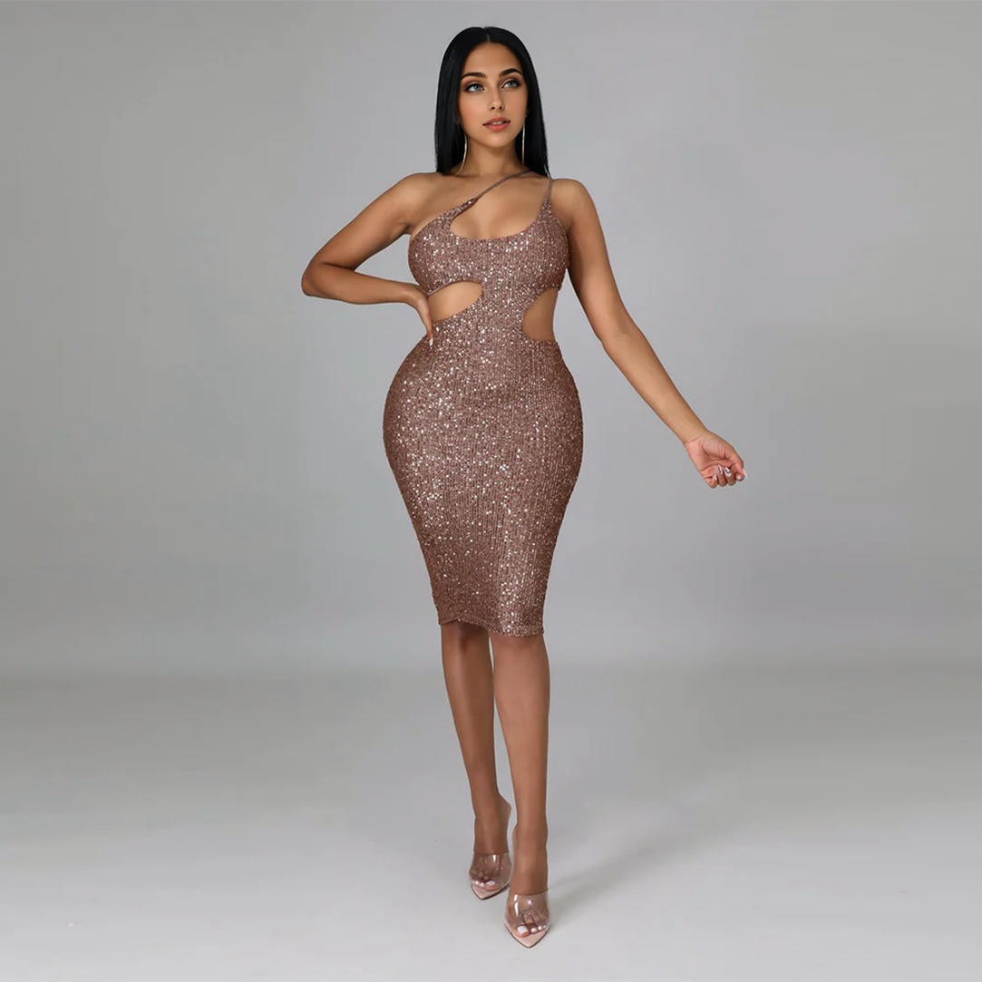 Julia Fashion - Sexy Slant Shoulder Backless Sequined Midi Dress