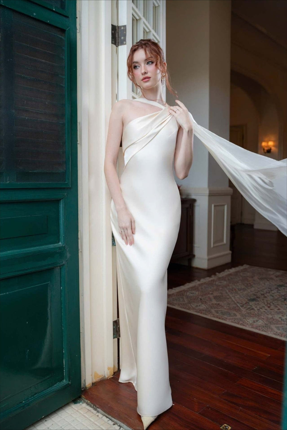 Elegant Satin Slant Neck Sheath Formal Dress