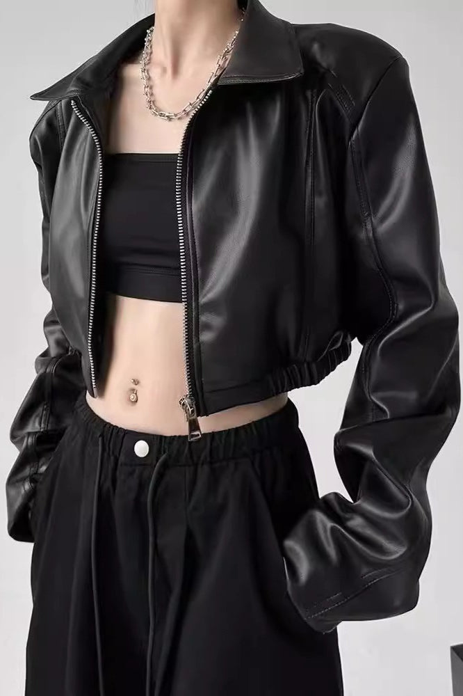 Turn Down Collar Biker Short Jacket Black / S