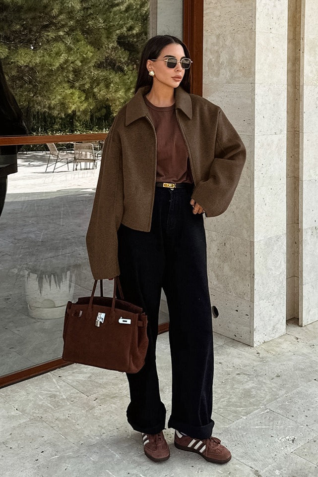 Minimalist Wool Cropped Jacket S / Brown