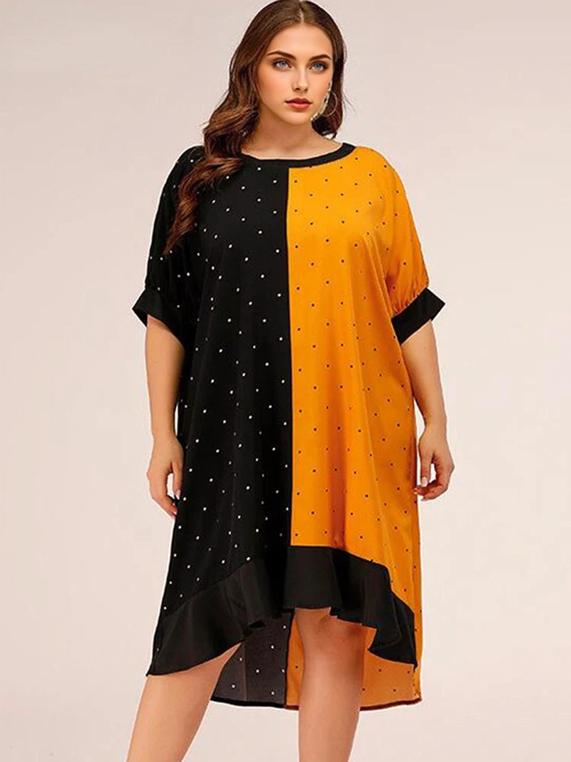 JuliaFashion-Contrast Color Round Neck Dot Ruffle Hem Dresses