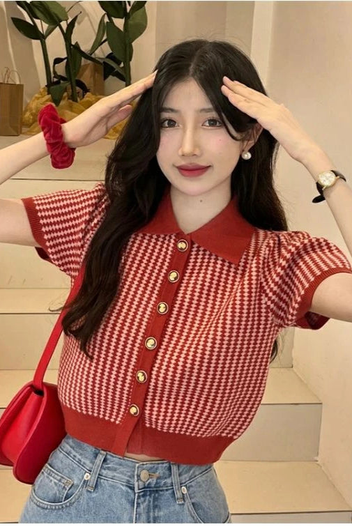 Thin Knit Turn down Collar Short Sleeve Cardigan