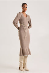 Contrast Trim Ruffle Sweater Dress S / Brown