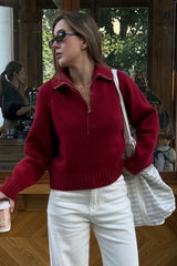 Solid Color Notched Collar Relaxed Knit Sweater