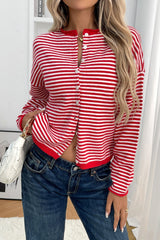 Striped Knit Round Neck Cardigan