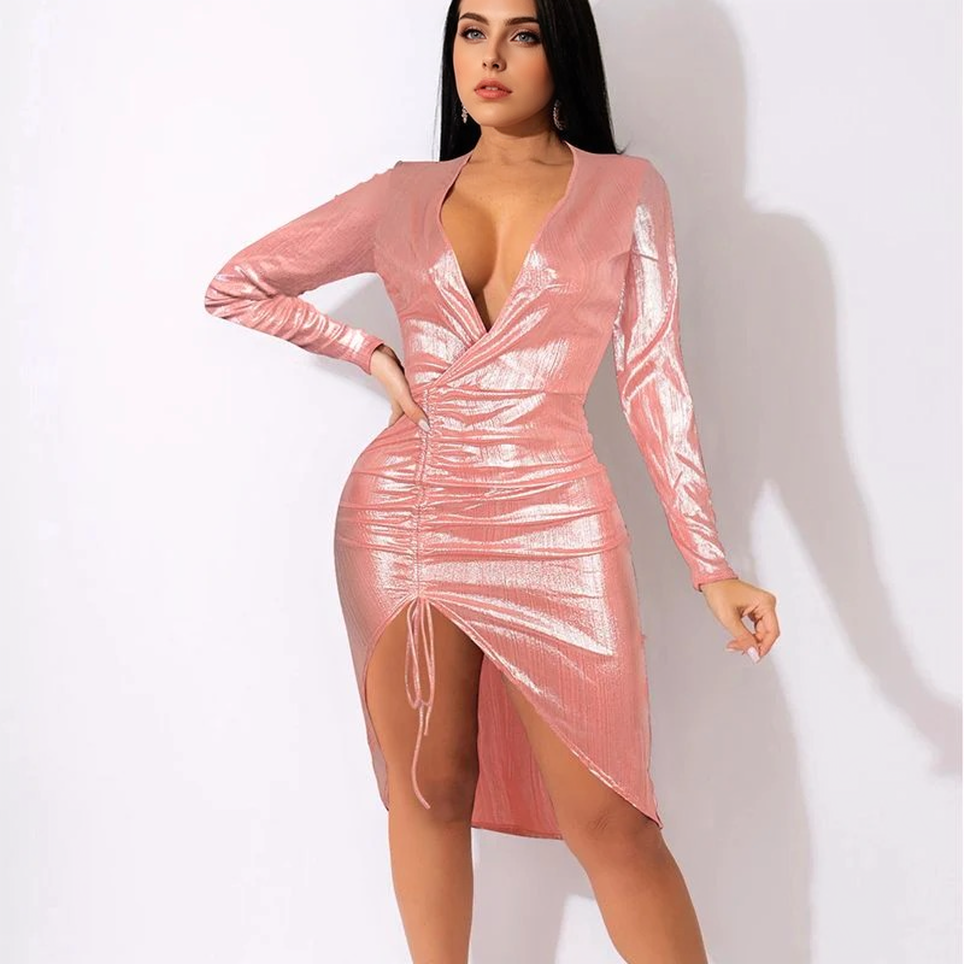 Julia Fashion - Sexy Deep V Neck Neon Pink Bodycon Midi Dress