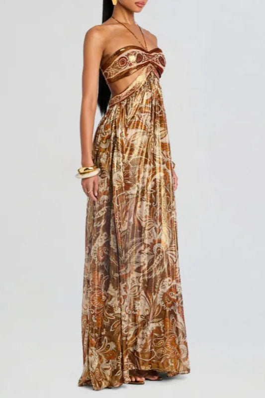 Strapless Lace Up Pleated Boho Dress