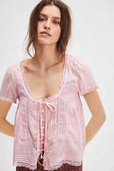 Lace Trimmed Tie Front Blouse