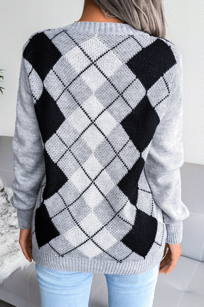 Argyle V Neck Knit Pullover Sweater