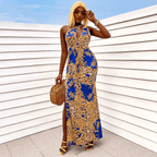 Julia Fashion - Sexy Printed Slant Shoulder Cut Out Maxi Dress
