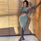 Julia Fashion - Women Sexy Slant Shoulder Cut Out Bodycon Midi Dress