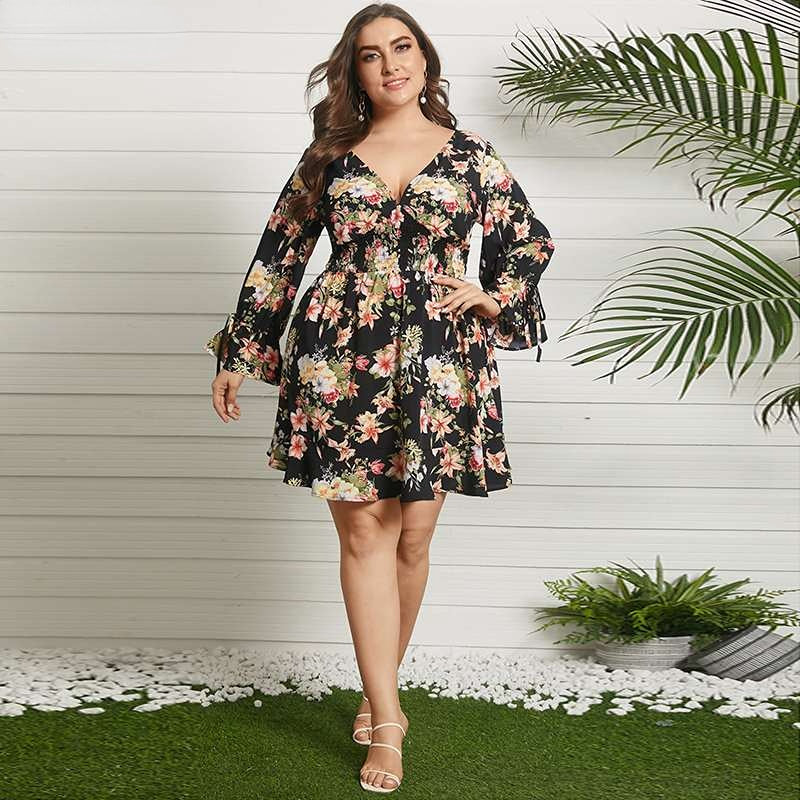 JuliaFashion-Long Sleeve V-Neck Sexy Floral Printed Mini Sundress